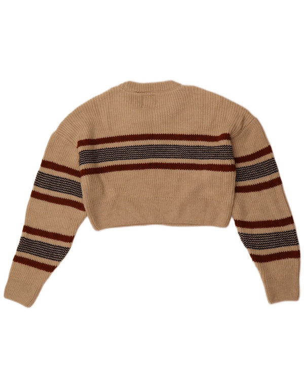 Superdry Womens Crop Crew Neck Jumper Sweater UK 14 Large Beige Striped