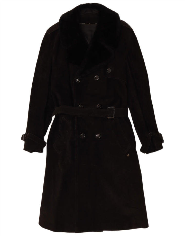 Cappotto doppiopetto vintage in pelle scamosciata da donna IT 54 3XL Nero
