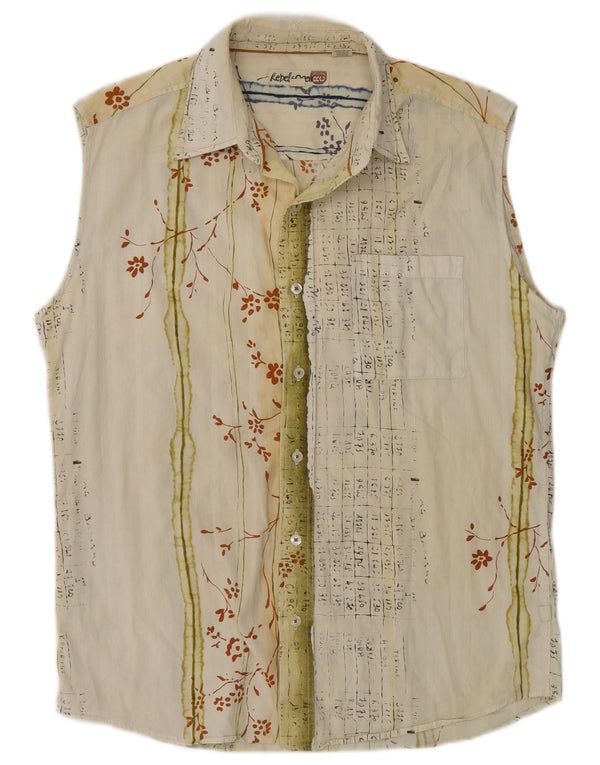 Vintage Mens Sleeveless Shirt Small Off White Floral Cotton