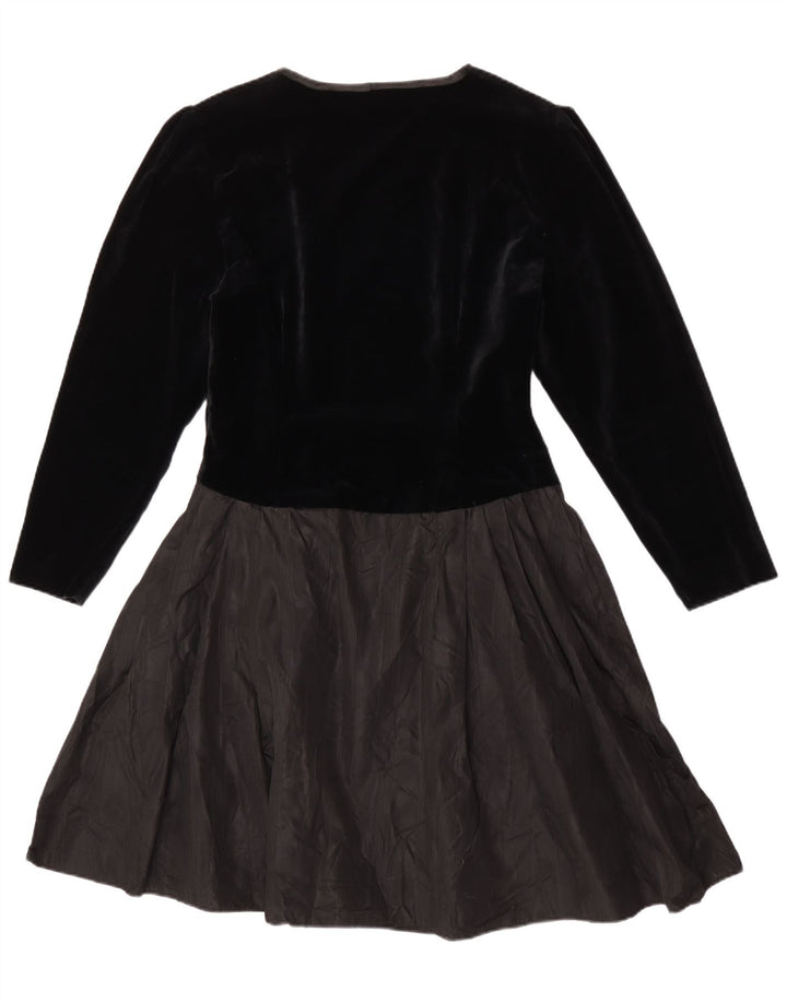Abito a trapezio a maniche lunghe da donna vintage UK 14 medio nero