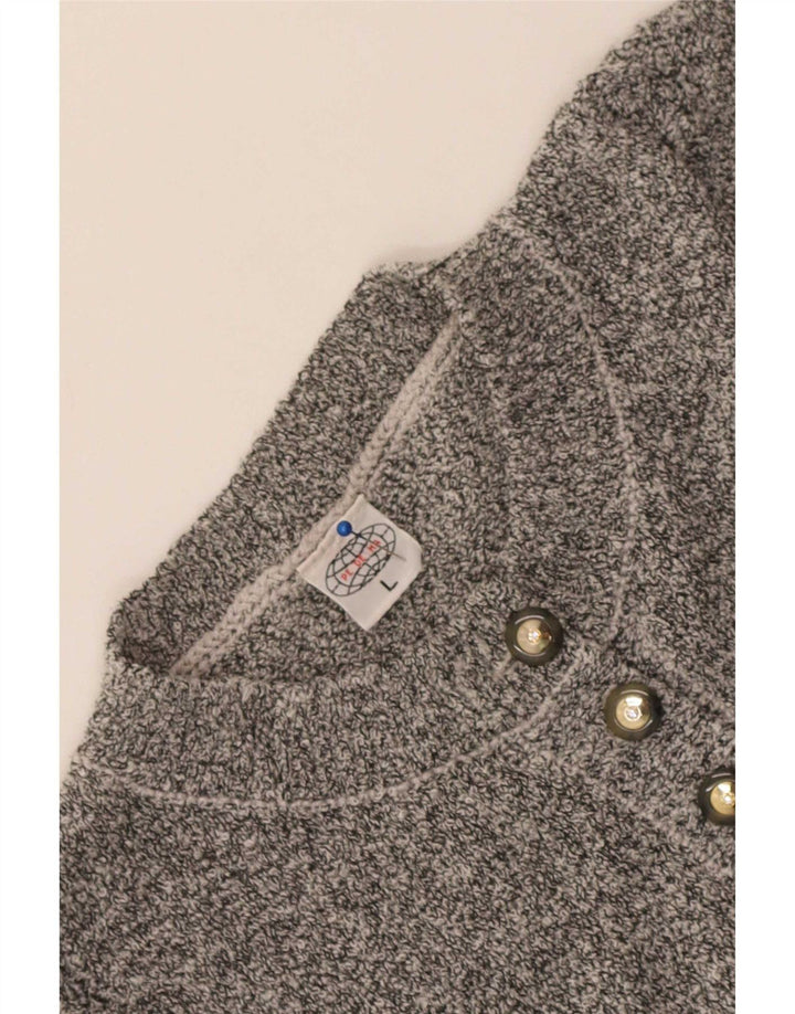 Maglione da donna vintage con collo a bottoni, UK 16, grande acrilico grigio