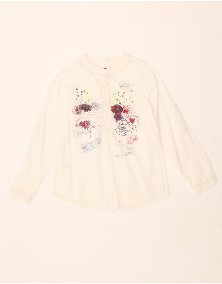DESIGUAL Girls Graphic Pullover Shirt 9-10 Years White Floral Cotton Vintage Desigual and Second-Hand Desigual from Messina Hembry 