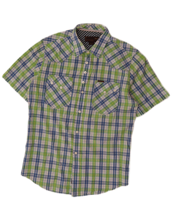 Camicia a maniche corte da uomo Marlboro Classics in cotone a quadri verde medio