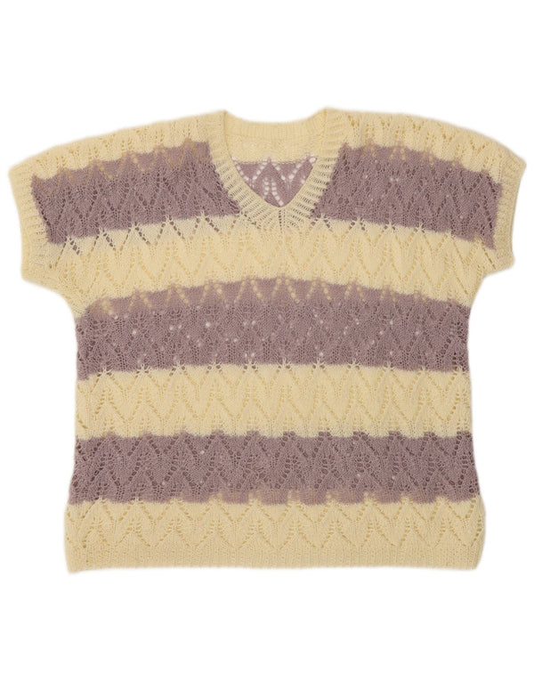 Maglione da donna VINTAGE corto con scollo a V a maniche corte UK 16 grande viola