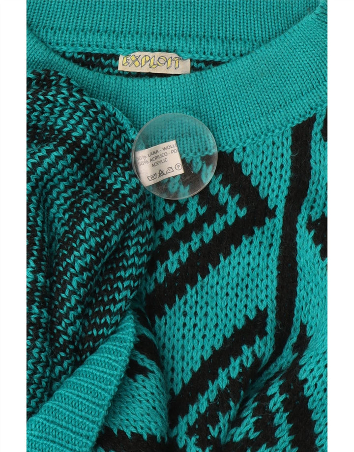 Maglione da uomo vintage con collo alto e maglione grande in lana geometrica turchese