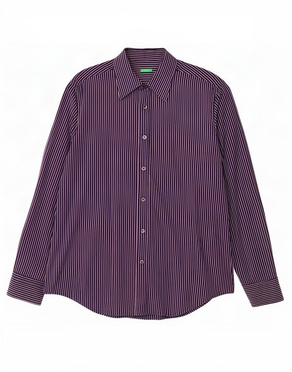Camicia Benetton Uomo XL Cotone Gessato Blu Navy