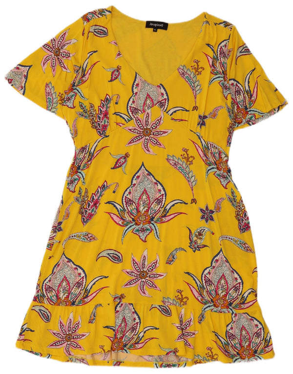 Desigual Womens A-Line Dress UK 18 XL Yellow Floral Viscose