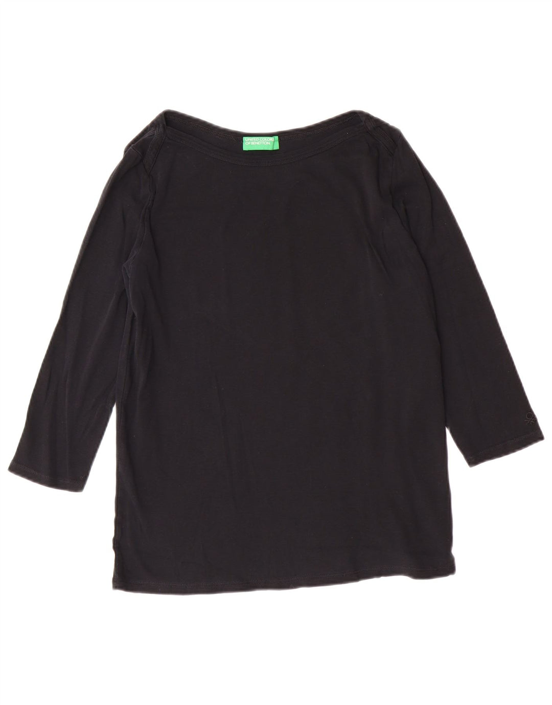 BENETTON Top da donna manica 3/4 UK 14 grande cotone nero