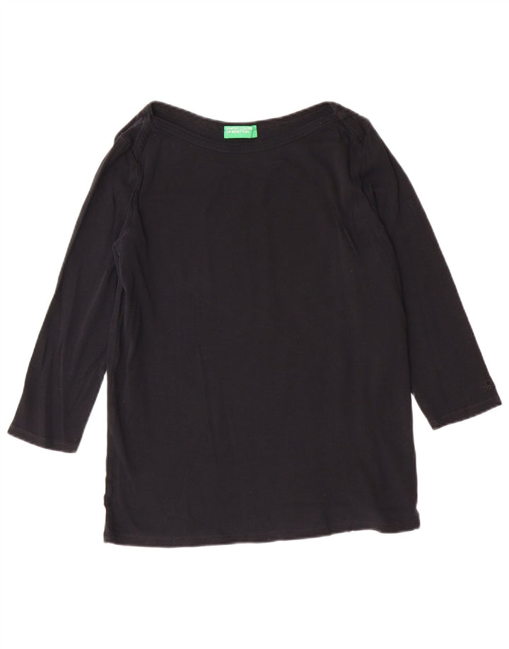 BENETTON Top da donna manica 3/4 UK 14 grande cotone nero