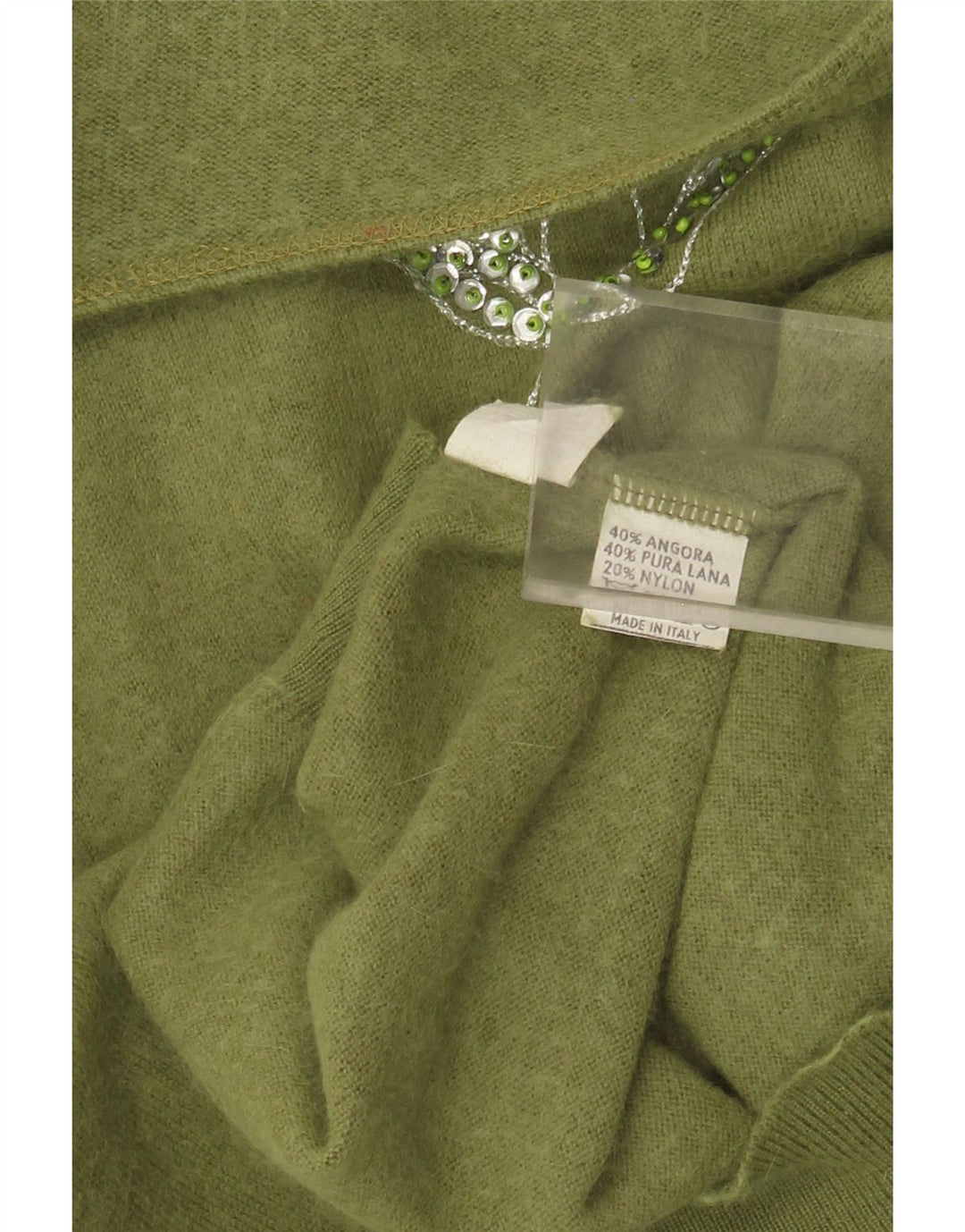Maglione cardigan da donna VINTAGE UK 12 Angora floreale verde medio