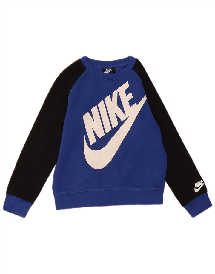 NIKE Boys Graphic Sweatshirt Jumper 6-7 Years Large Blue Colourblock