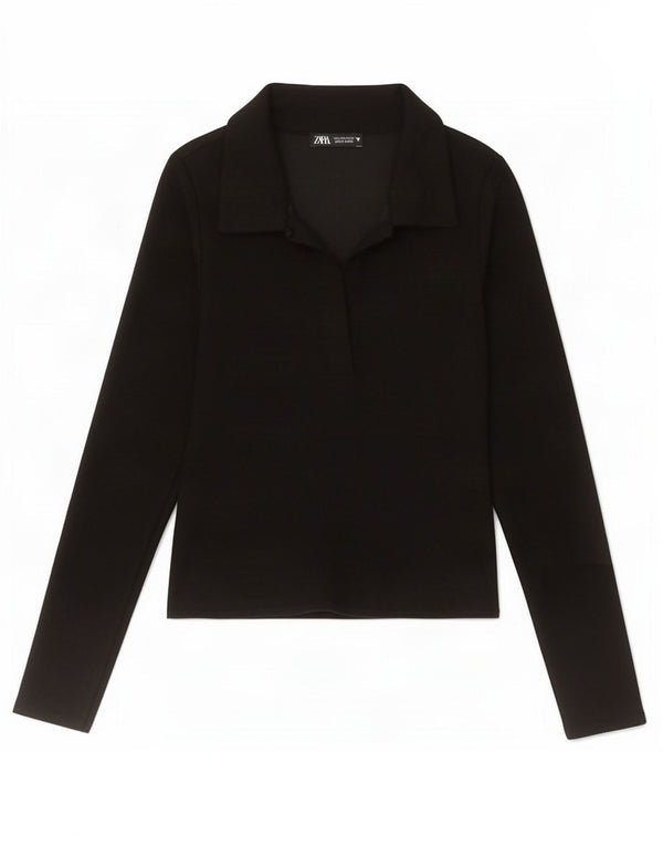 Polo corta a maniche lunghe da donna Zara UK 8 piccola poliestere nero