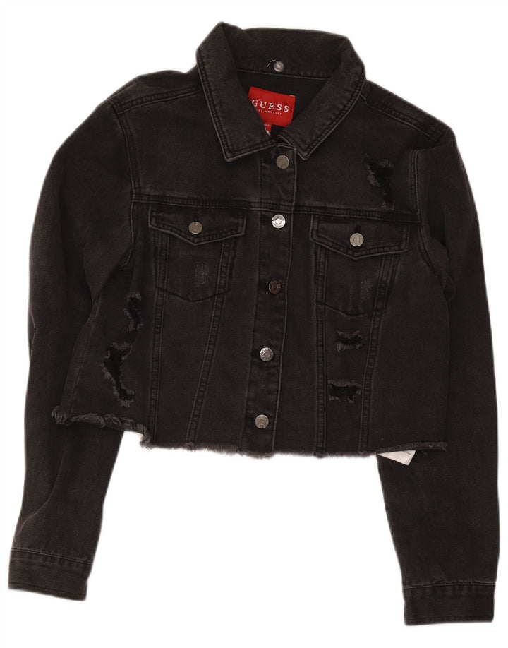 Guess Giacca in denim corto invecchiato da donna UK 12 cotone medio nero