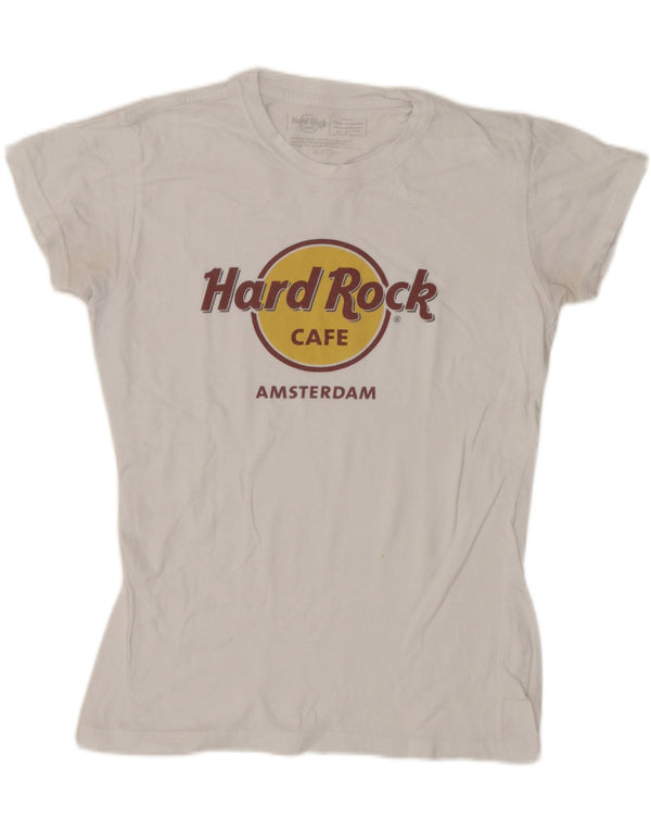 T-shirt grafica da donna Hard Rock Cafe Amsterdam Top UK 10 piccola bianca