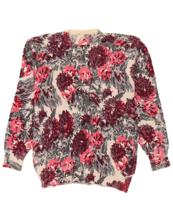 Maglione maglione girocollo da donna vintage IT 46 grande motivo floreale multicolore