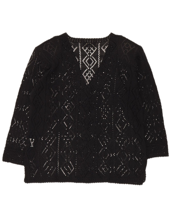 Maglione cardigan all'uncinetto con maniche a 3/4 vintage da donna UK 16 grande cotone nero
