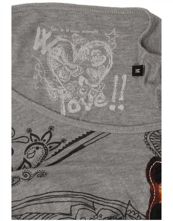 DESIGUAL Womens Graphic T-Shirt Top UK 14 Medium Grey Butterfly Vintage Desigual and Second-Hand Desigual from Messina Hembry 
