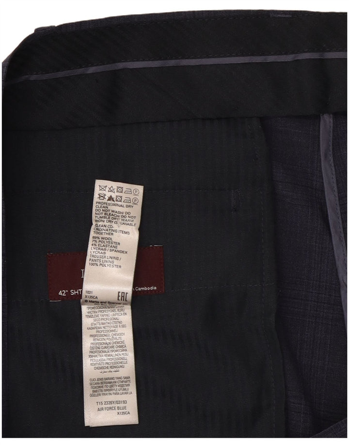 Pantaloni da abito regolari da uomo Marks & Spencer W42 L29 Lana a quadri blu navy