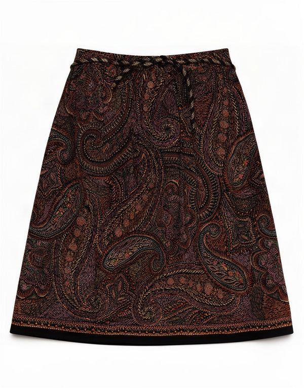Gonna a trapezio in velluto da donna vintage IT 44 media W26 Paisley multicolore