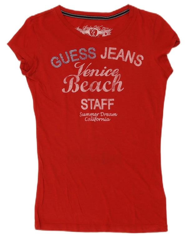 Guess T-shirt grafica da donna Top UK 10 Small Rosso Cotone