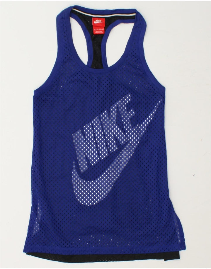 NIKE Womens Graphic Vest Top UK 6 XS Blue Polyester Vintage Nike and Second-Hand Nike from Messina Hembry 