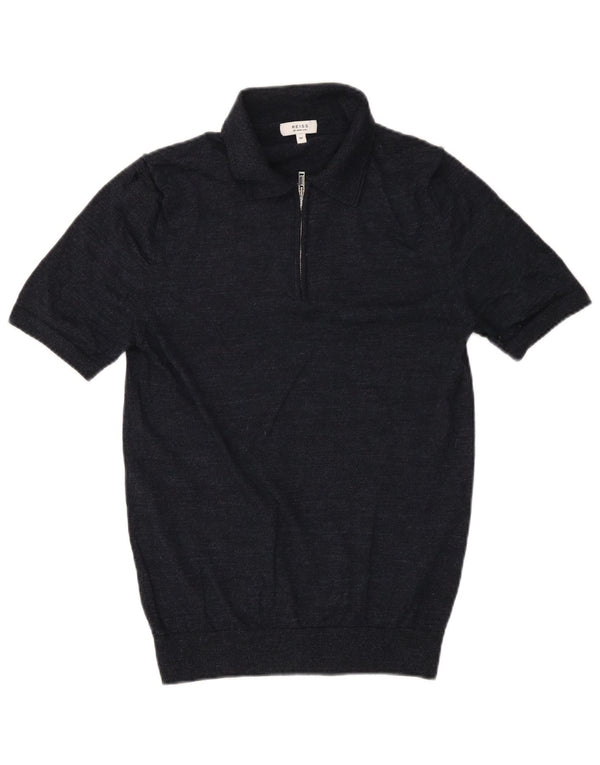 Maglione Reiss da uomo a maniche corte con collo a polo, blu navy medio screziato