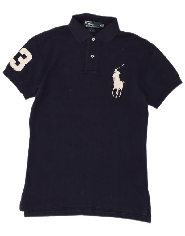 POLO RALPH LAUREN Mens Graphic Slim Fit Polo Shirt Small Navy Blue Cotton