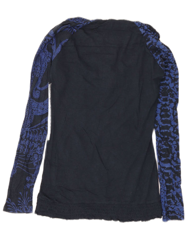 Desigual Donna Graphic Top Manica Lunga UK 10 Piccolo Blu Navy Floreale