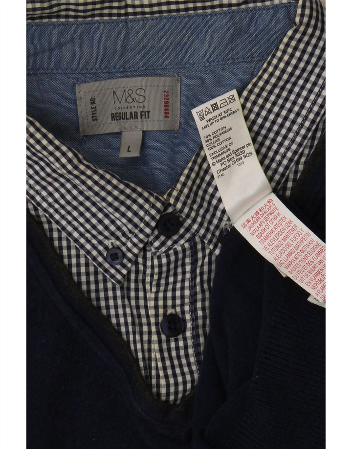 MARKS & SPENCER Maglione da uomo con scollo a V grande motivo a quadri blu navy