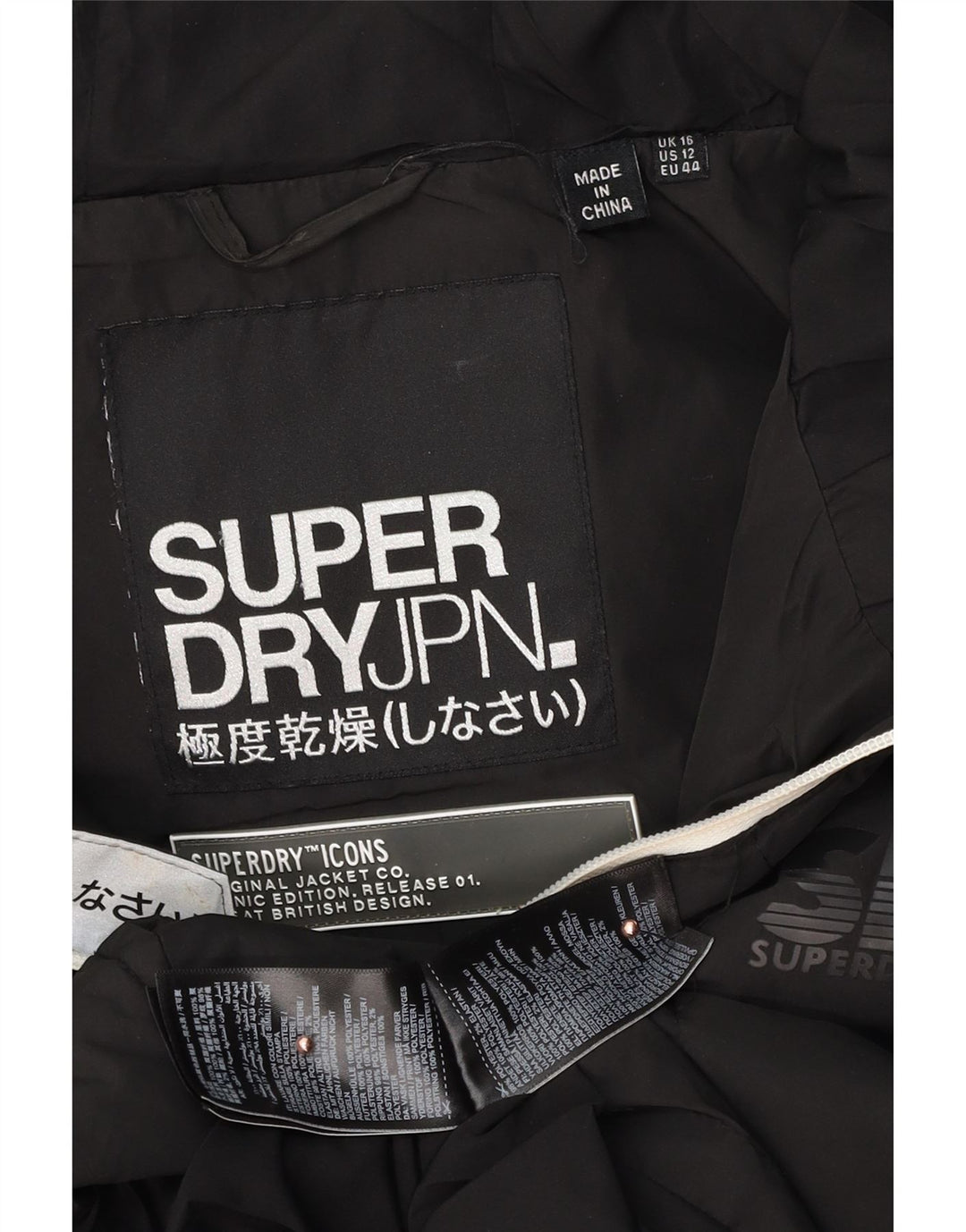 Giacca imbottita con cappuccio grafica da donna SUPERDRY UK 16 Large Black Colourblock