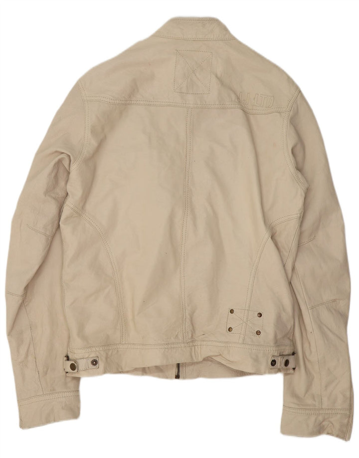 JACK & JONES Mens Leather Biker Jacket UK 40 Large Beige Leather