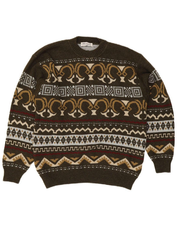 Bramante Mens Crew Neck Jumper Sweater IT 50 Medium Khaki Geometric Wool