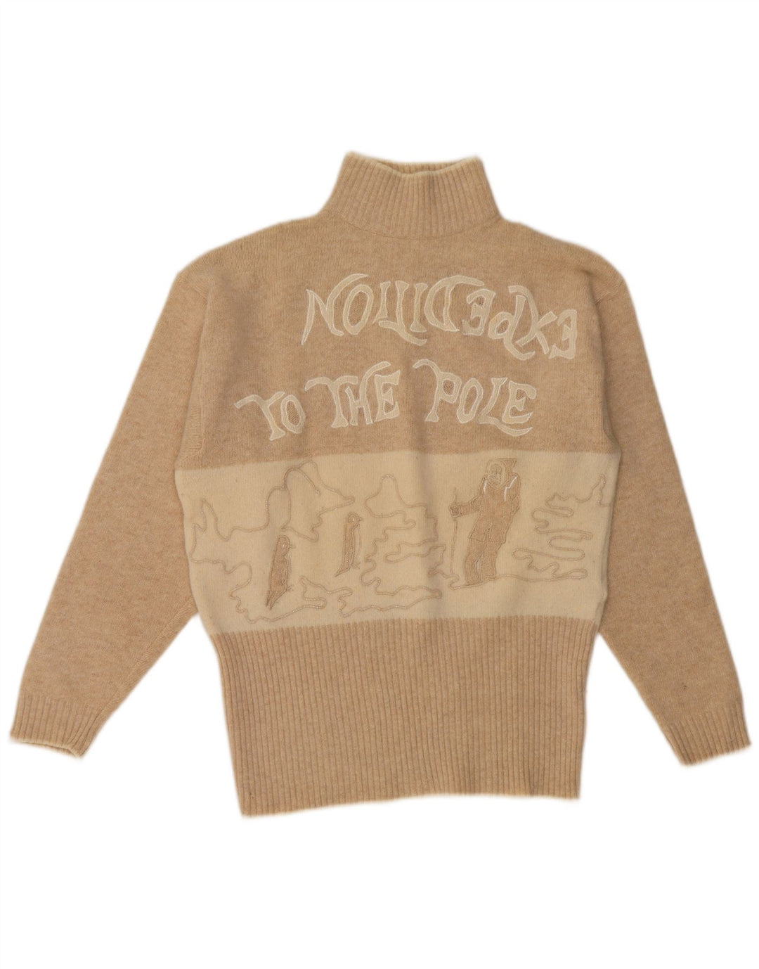 Maglione maglione collo alto da donna vintage UK 14 Blocco colore beige medio