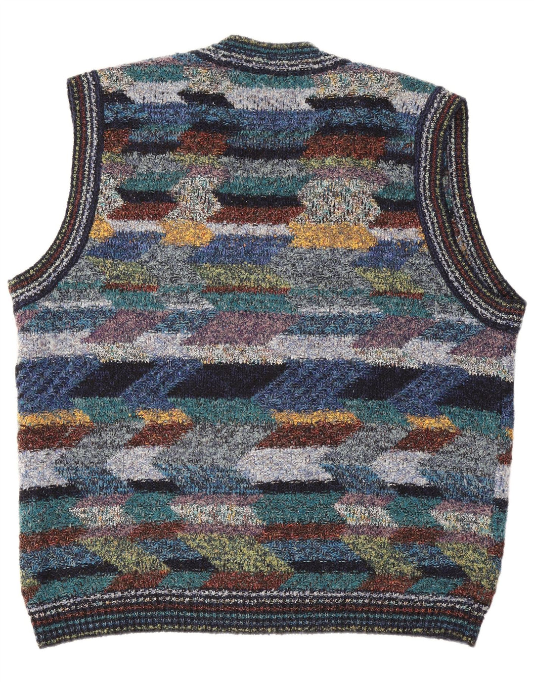 Maglione cardigan senza maniche vintage da uomo XL in lana geometrica multicolore