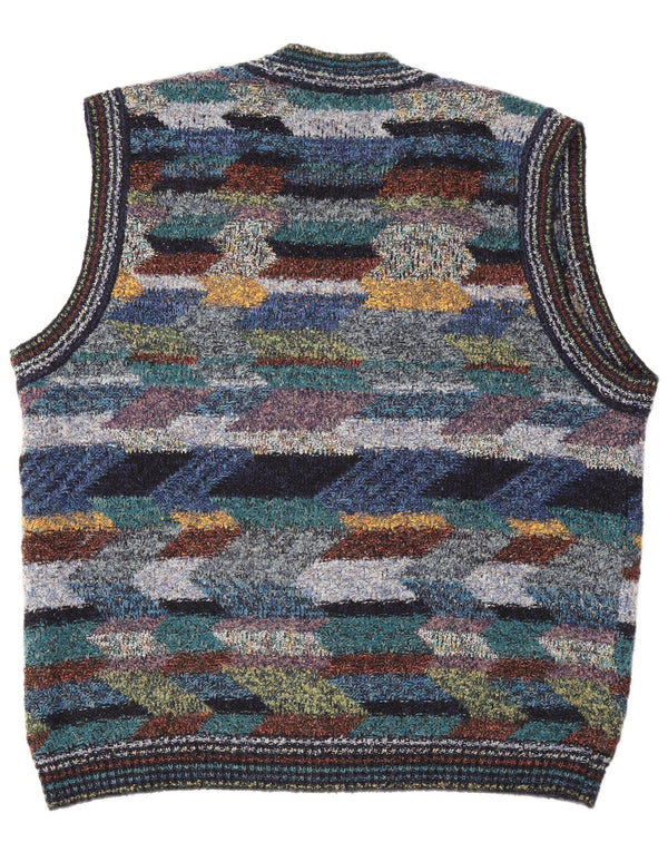 Maglione cardigan senza maniche vintage da uomo XL in lana geometrica multicolore