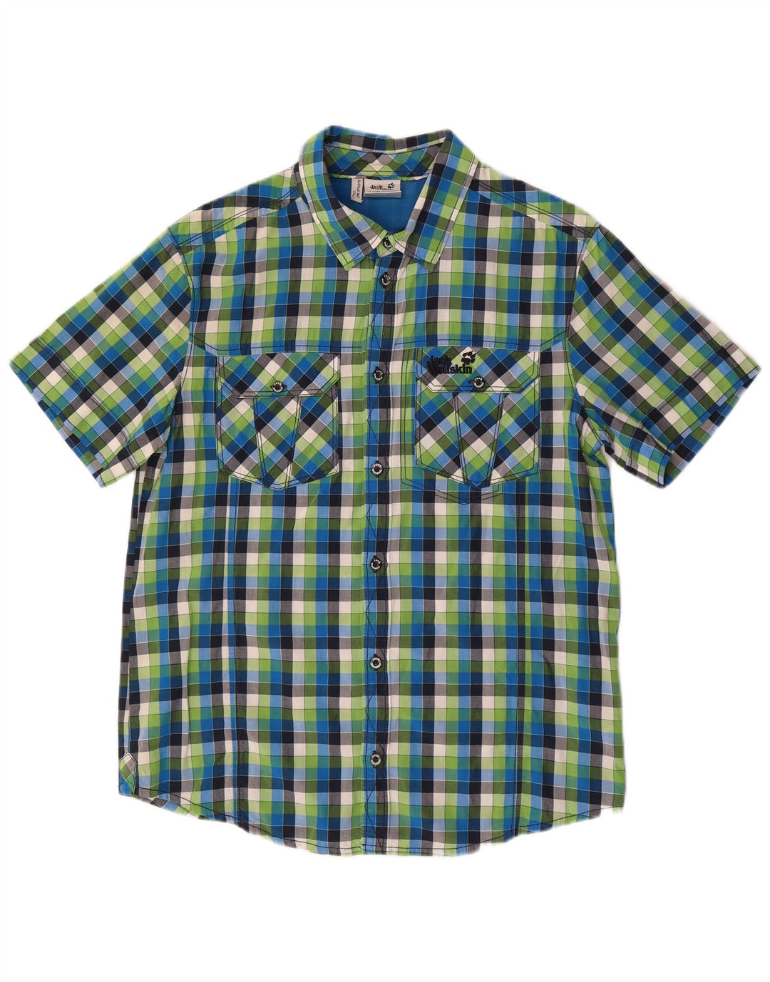 JACK WOLFSKIN Camicia a maniche corte da uomo UK 40/42 Cotone a quadri grandi blu