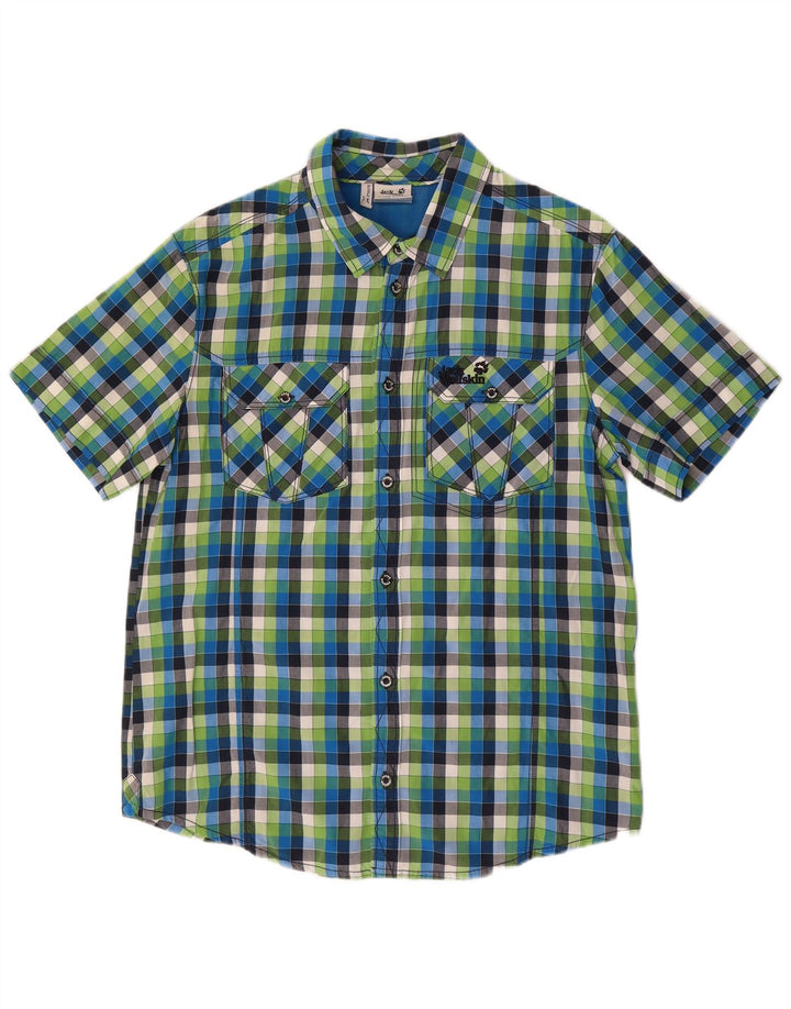JACK WOLFSKIN Camicia a maniche corte da uomo UK 40/42 Cotone a quadri grandi blu