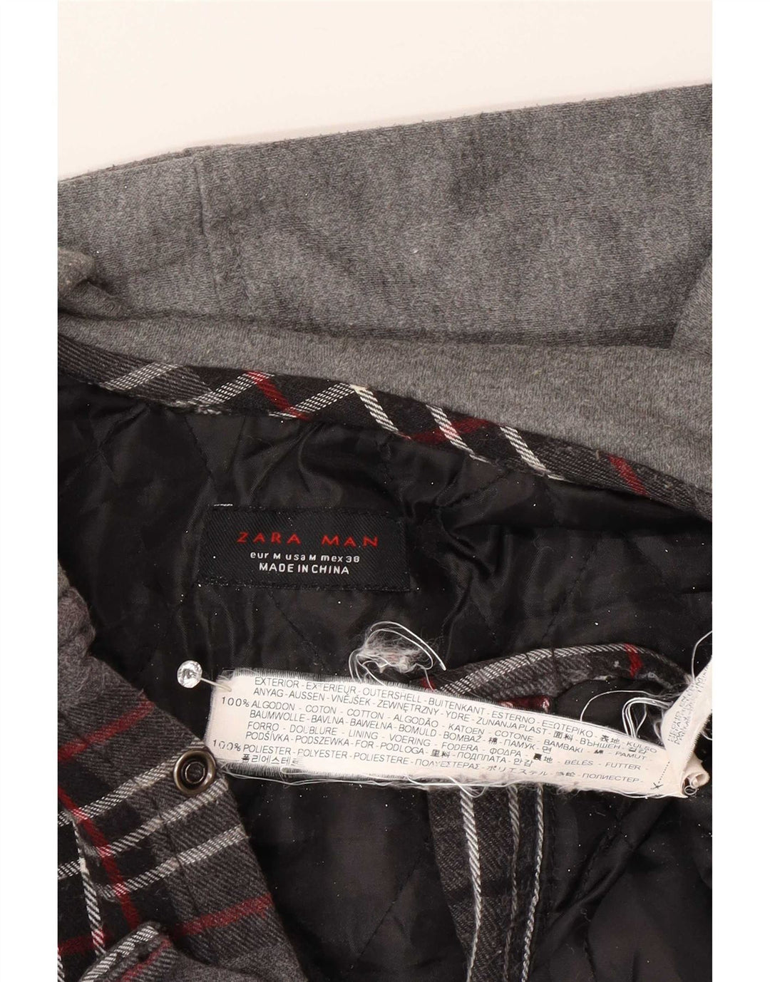 Camicia da uomo in flanella da boscaiolo con cappuccio Zara, cotone a quadri grigio medio