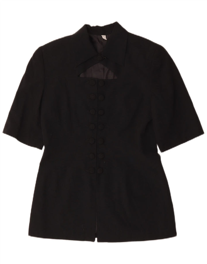 Giacca blazer vintage a maniche corte da donna UK 10 piccolo gessato nero