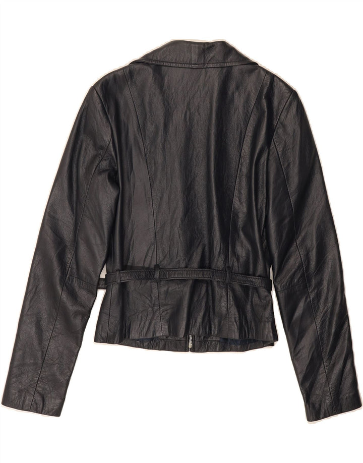 BATA AND MORE Womens Crop Leather Jacket IT 42 Medium Navy Blue Leather Vintage Bata and More and Second-Hand Bata and More from Messina Hembry 