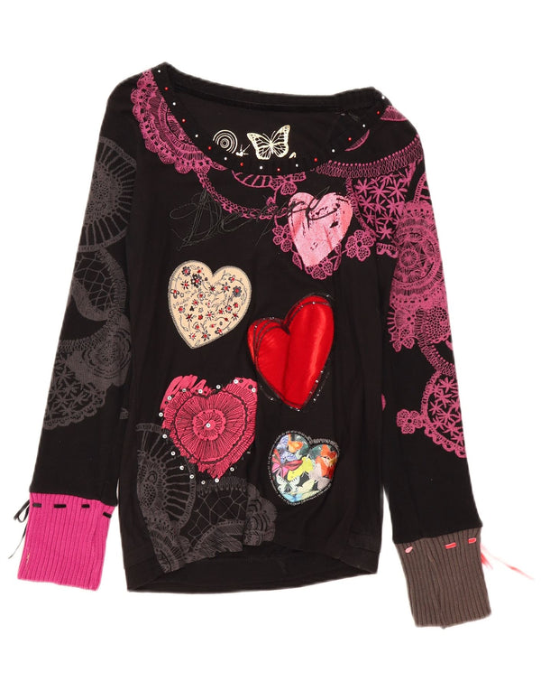 Desigual Donna Graphic Top Manica Lunga UK 12 Medio Nero Paisley Cuore