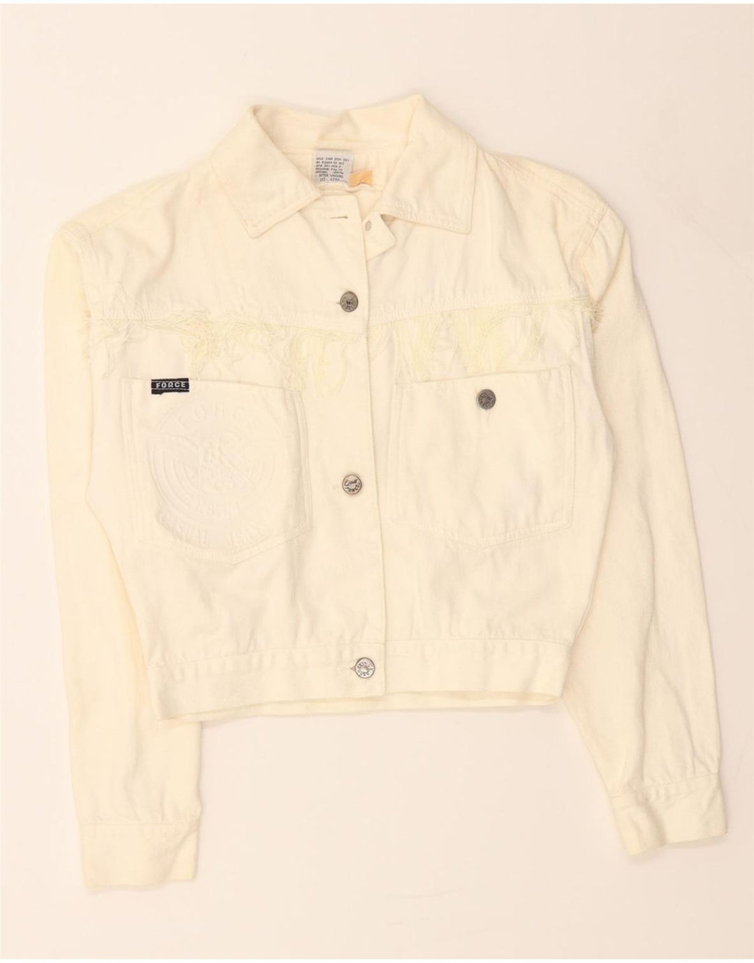 VINTAGE Womens Graphic Crop Denim Jacket UK 8 Small Off White Cotton Vintage Vintage and Second-Hand Vintage from Messina Hembry 