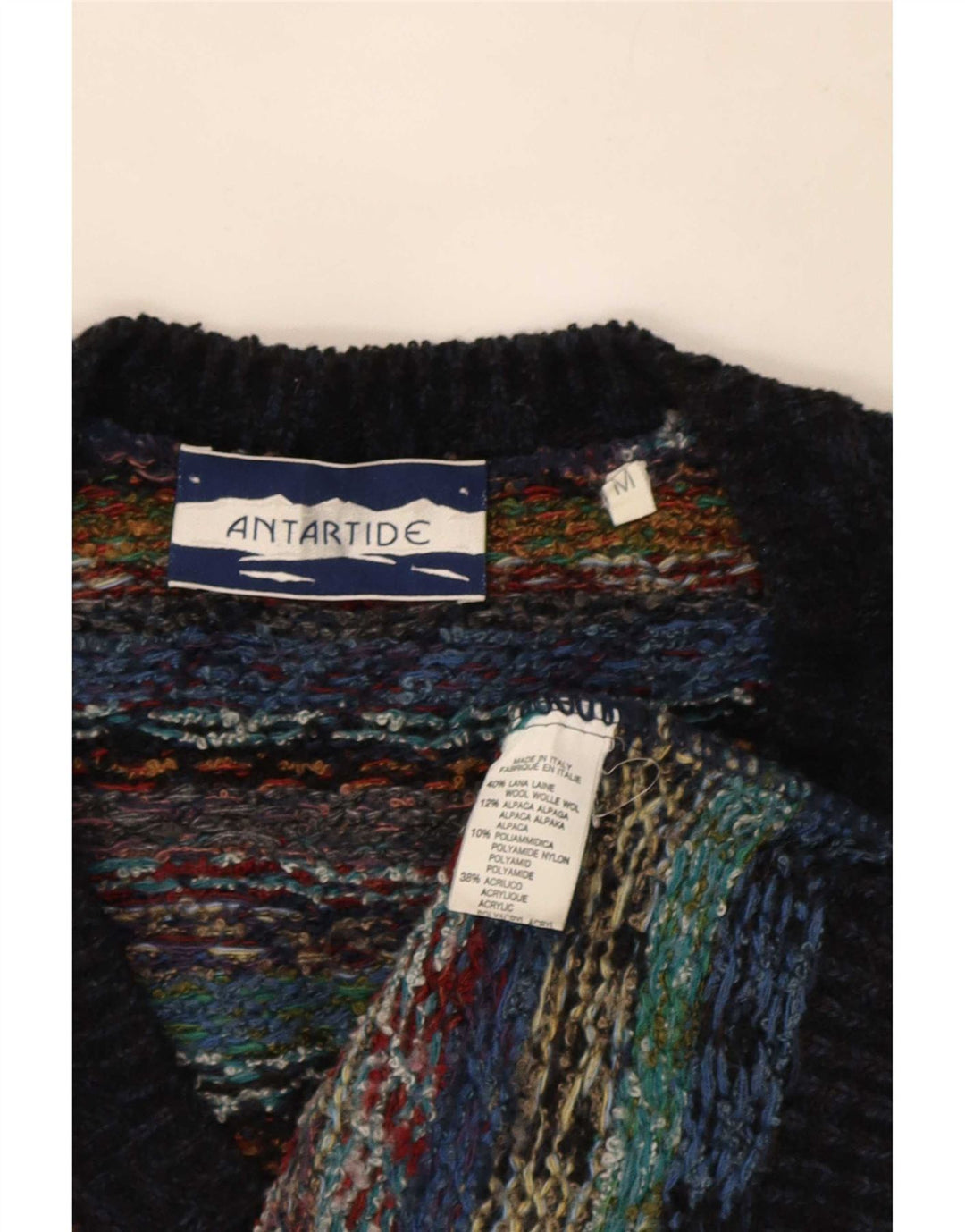Maglione vintage da uomo con scollo a V in lana geometrica multicolore media