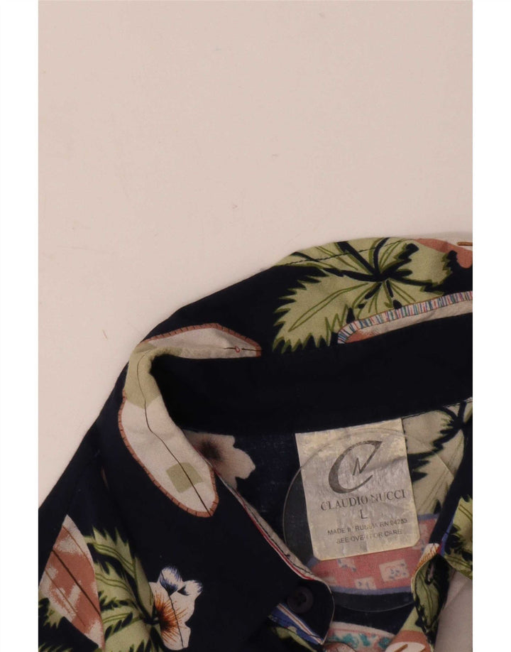 Camicia a maniche corte vintage da uomo con motivo astratto, grande in rayon blu navy