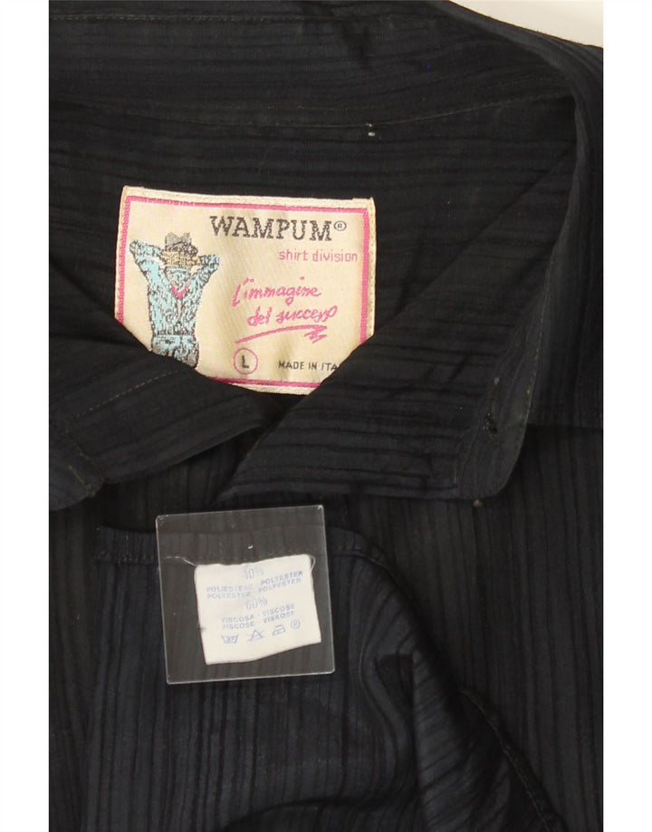 WAMPUM Mens Shirt Large Navy Blue Striped Polyester Vintage Wampum and Second-Hand Wampum from Messina Hembry 