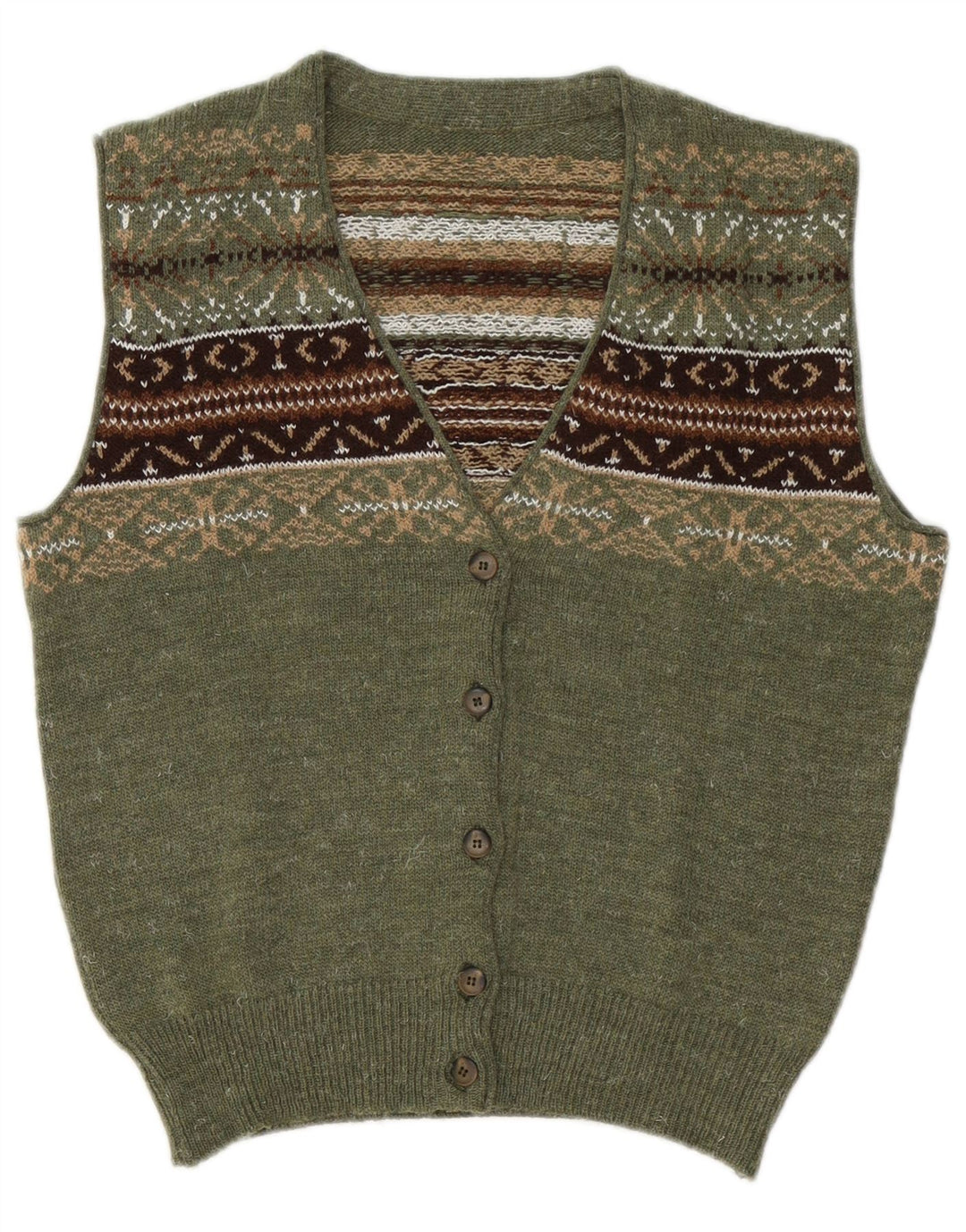 Maglione cardigan senza maniche da donna VINTAGE UK 14 Verde medio Fair Isle