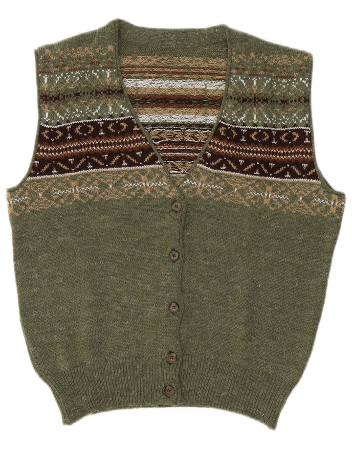 Maglione cardigan senza maniche da donna VINTAGE UK 14 Verde medio Fair Isle