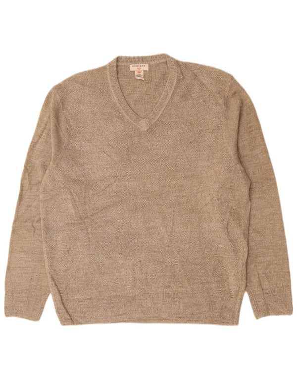 DOCKERS Mens V-Neck Jumper Sweater Large Beige Acrylic