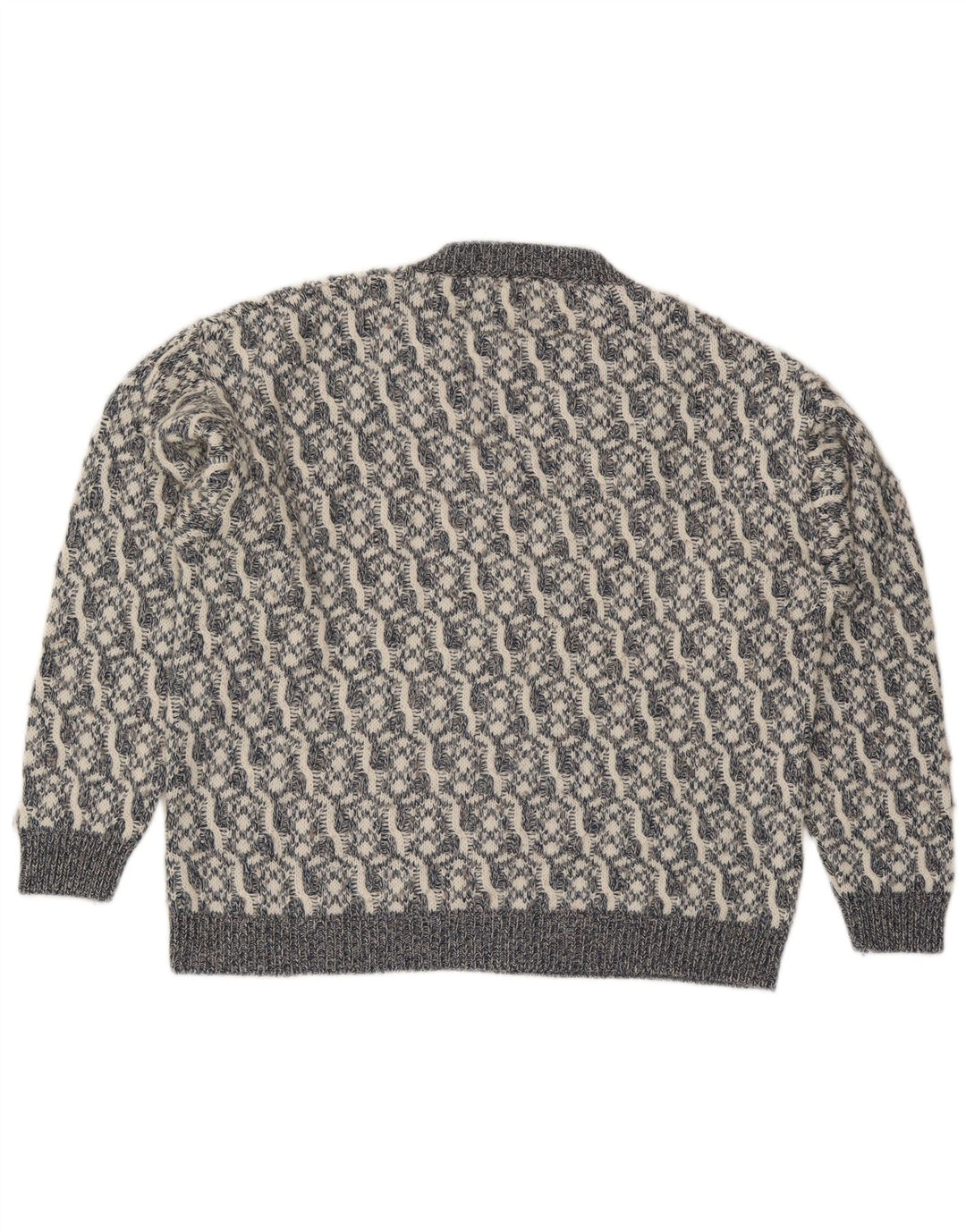 Maglione vintage da uomo con scollo a V, grande lana geometrica grigia