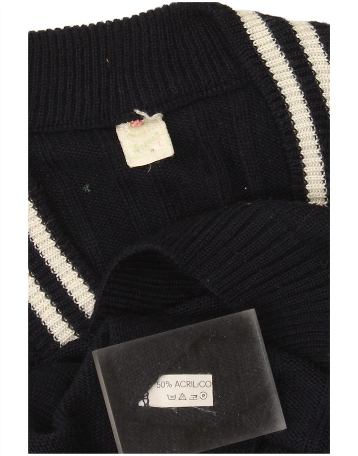 Maglione vintage da uomo con scollo a V grande acrilico blu navy